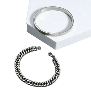 Titanium steel cuban chain bracelet and roman numeral bangle set for men in silver finish