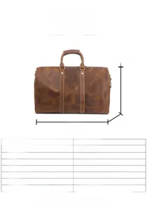 Detailed size specifications of brown leather travel bag with 45cm length and high capacity
