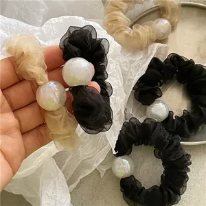 Women Organza Mesh Scrunchie Iridescent Artificial Pearl Hair Tie Elastic Hair Band Pleated Large Hair Rope Elegant Hair Accessories