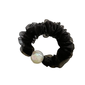 Breathable black organza scrunchie with large iridescent pearl bead decoration