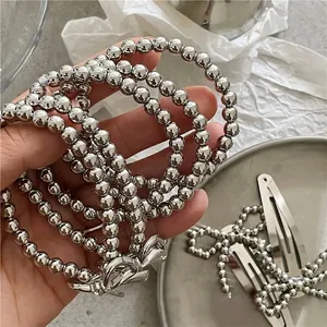 Silver Beaded Hair Ring With Bow Decoration Alloy Mirror Finish Plastic Beads Elastic Hair Ties Bowknot BB Hair Clips For Women Jewelry