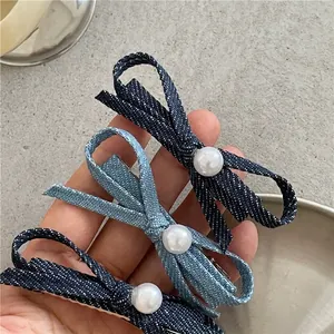 Denim Fabric Bow Hair Clip With White Imitation Artificial Pearl Vintage Sweet Duckbill Side Clip Women Girls Hair Accessory
