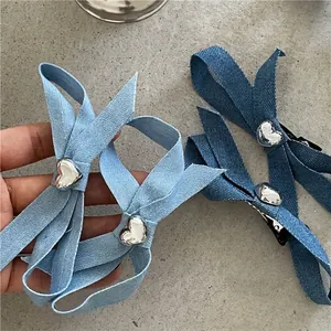 Pinces à Cheveux Nœud en Denim Doux Avec Décoration Cœur en Métal Style Coréen Tissu Bleu pour Femmes et Filles