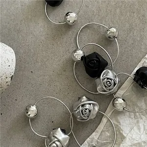 Minimalist silver mirror bead and black leather rose elastic hair tie for women