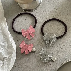 Sweet pink and white glitter bow hair ties and duckbill clips hair accessory set