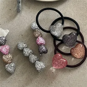Koreanischer Stil Glitzer Herz Haarklammern Und Elastische Haargummis Funkelnde Süße Herzform Haarschmuck Für Damen Tägliche Kopfbedeckung