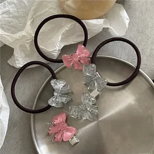 Korean Style Resin Bow Hair Clip And Hair Tie Set Glitter Silver Pink Duckbill Clip For Women Girls Daily Hair Accessories