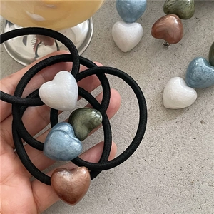 Chic contrast heart resin hair ties set with premium black high-elastic thick rubber bands