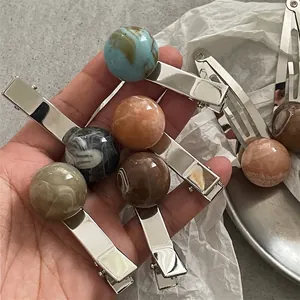 Five-piece vintage alligator hair clips with marble texture round beads in various colors