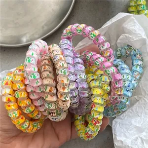 Colorful Graffiti Telephone Cord Spiral Hair Ties Elastic Plastic Resin Hair Rings Non-Damaging Ponytail Holder For Women Girls