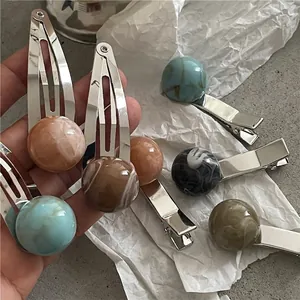 Minimalist Alloy Metal Hair Clip With Marble Texture Resin Ball Planet Bead Duckbill Clip BB Side Clip For Women