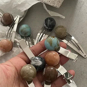 Minimalist marble pattern sphere hair clips with silver metallic geometric BB pins