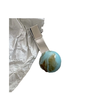 Blue marble texture round bead hair clip with polished silver metal BB clip base