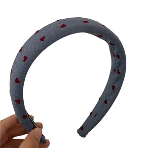 Padded red heart pattern fabric headband for women with handmade inner woven label