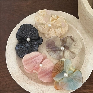Elegant acetate orchid flower hair clips with pearl centers in five assorted colors