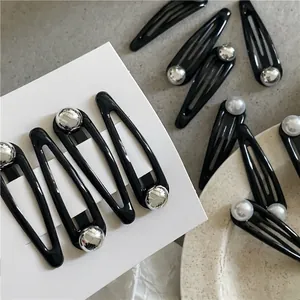 Women Minimalist Black Metal Snap Hair Clips With Artificial Pearl Silver Bead Teardrop BB Clips Elegant Bangs Barrettes Accessory