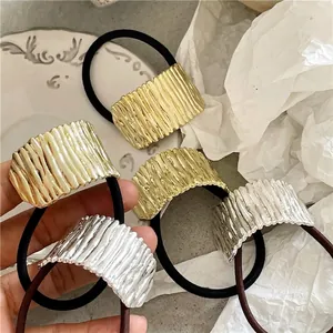 Vintage style pleated oval alloy ponytail holder hair ties in gold and silver finish