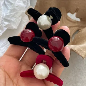 French Vintage Flocked Mini Hair Claw Clips For Women Girls Faux Artificial Pearl Plastic Small Hair Clamps Daily Styling Accessories