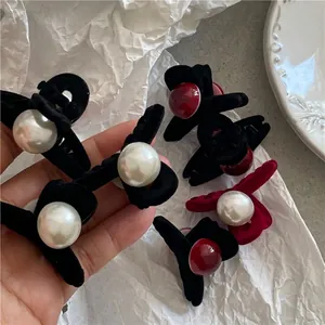Mini velvet hair clips set with faux pearls and cross-grip design for women's hair styling