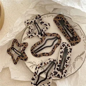 Leopard Print Fabric Wrapped Metal Hair Clips Vintage Geometric Star Cloud Rectangle Hairpins For Women Girls Accessory