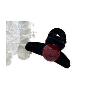 Mini flocked hair claw clip with a large red faux pearl accent for women's hairstyles