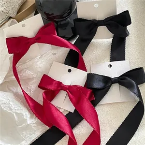 Fairy style long ribbon bow hair clips in black and dark red smooth satin fabric