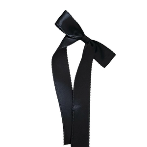 Fairy style long ribbon bow hair clip with wavy edges in glossy black satin fabric