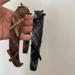 Padded diamond plaid sponge headband with cute bows in brown and grey fabric