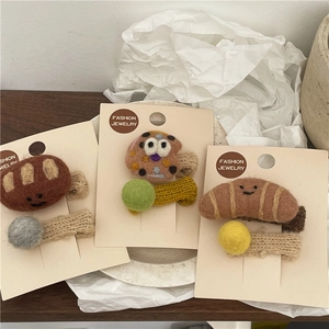 Cute cartoon felt bread hair clip set with smiley face embroidery and knit texture