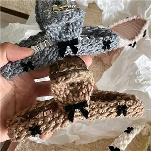 Knitted large hair claw clips in grey and coffee with velvet bows for winter styling