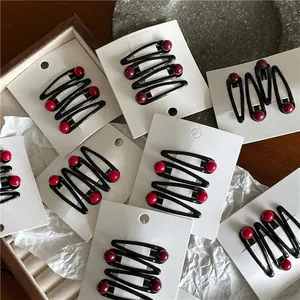 Korean Style Black Metal Waterdrop BB Clip With Red Artificial Pearl Beads Elegant Enamel Bangs Pin For Women Decoration