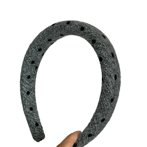 Chic padded grey wool fabric headband with vintage black polka dots for women
