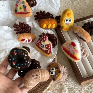 Cute Cartoon Food Wool Felt Hair Tie Handmade Pizza Donut Croissant Cookie Elastic Telephone Cord Hair Band For Women Girls