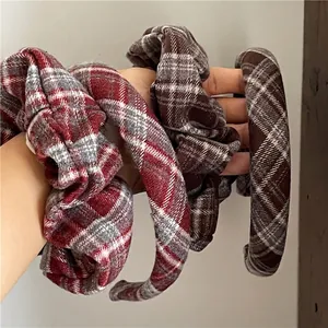Retro Plaid Fabric Headband Thickened Padded Hair Band Wide Classic Tartan Scrunchie Vintage Preppy Hair Accessories For Women