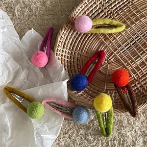 Handmade wool felt ball hair clips set in cream colors for girls and women accessories