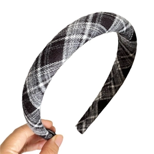 Padded British style headband with black and white plaid tartan pattern for women