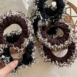 Vintage Tweed Style Fabric Scrunchie For Women Elegant Tassel Edge Hair Tie Soft Elastic Black Brown Fashion Hair Accessory