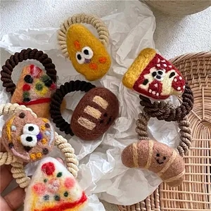 Cute Wool Felt Food Shaped Scrunchies Pizza Bread Croissant Cheese Hair Ties For Women Girls Handmade Hair Accessories