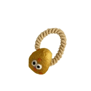 Cute yellow handmade wool felt chick hair tie with beige woven elastic spiral cord