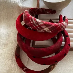 Retro Red Padded Sponge Headband For Women Festive Plaid Polka Dot Velvet Wide Hairband Hair Accessories New Year Gift