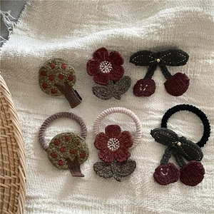 6-piece handmade crochet hair clips and ties set with flowers and cherries in forest style