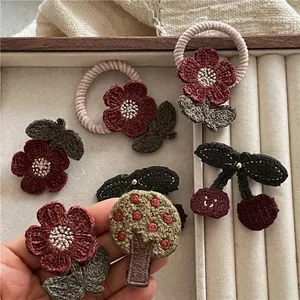 Handmade Crochet Flower Tree Cherry Hair Clips Elastic Hair Ties Mori Style Knitted Fabric Hair Accessories For Girls Women Daily Decor