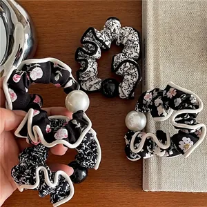 Women Floral Cloth Scrunchies With Artificial Pearl Scalloped Edge Hair Ties Vintage Korean Style Elastic Hair Bands