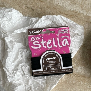 Detail view of 5-piece black high-elastic hair ties set with MSMP brand packaging