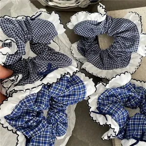 Sweet Plaid Cloth Hair Scrunchies With Lace Ruffle Ribbon Bow For Women College Style Large Hair Ties Fashion Accessories