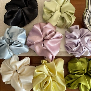 Set of 8 premium satin silk scrunchies in various pastel colors for hair styling