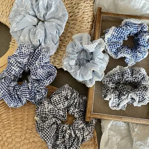 Korean Style Plaid Fabric Scrunchie For Women Floral Embroidery Hair Tie With White Lace Trim Ponytail Holder Accessory