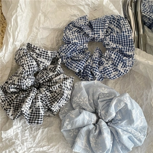 Three-piece school style plaid lace scrunchies set with delicate flower embroidery