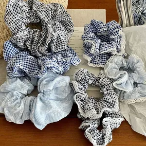 Lace-trimmed plaid and floral scrunchies set for women in fresh college style