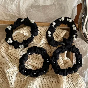 Elegant 4-piece set of black hair scrunchies with white faux pearls and silver rhinestones